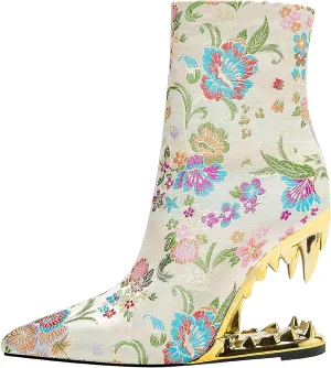 Women's Embroidery Pointed Toe Tiger Tooth Side Zipper Comfortable Fashion Ankle Boots Mid-Calf Sturdy Reliable Shoes Warm Party Bright Close Fall Winter