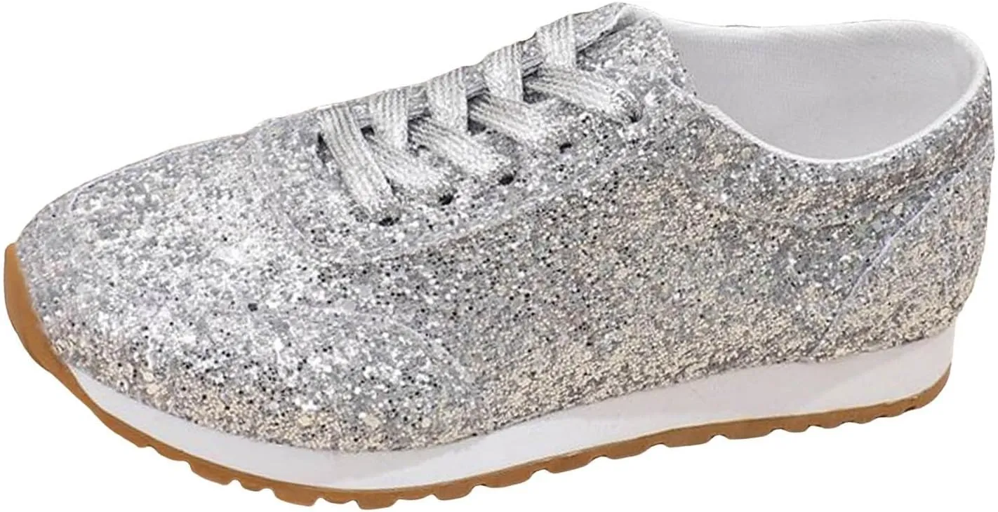 Women's Fashion Sequins Casual Lace Up Sport Shoes Sneakers Glitter Breathable Crystal Bling Ladies Running Shoes Womens Casual Shoes 7