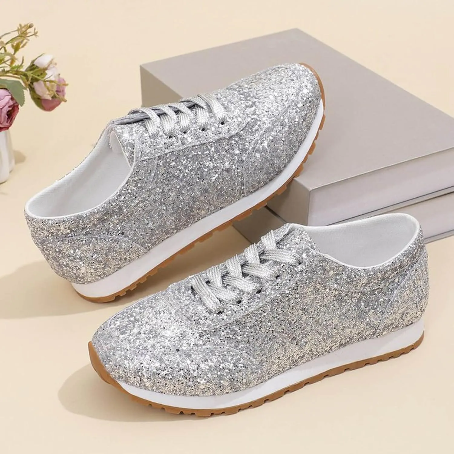 Women's Fashion Sequins Casual Lace Up Sport Shoes Sneakers Glitter Breathable Crystal Bling Ladies Running Shoes Womens Casual Shoes 7