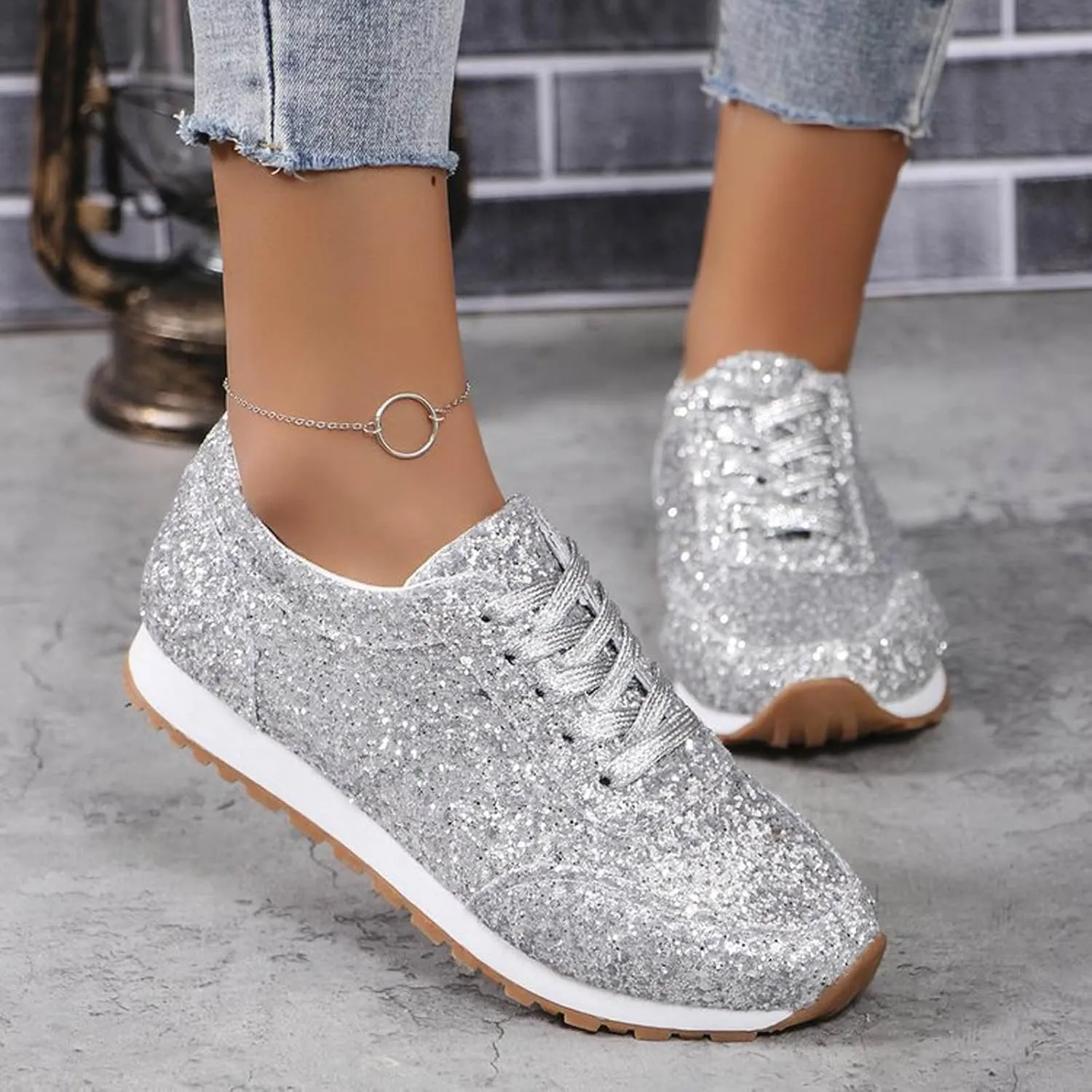 Women's Fashion Sequins Casual Lace Up Sport Shoes Sneakers Glitter Breathable Crystal Bling Ladies Running Shoes Womens Casual Shoes 7