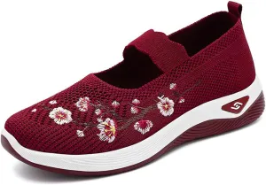 Women's Flats Shoes National Style Embroidered Flower Slip On Mesh Breathable Casual Loafers Comfortable Soft Woman Shoes Casual Heel with Arch Support