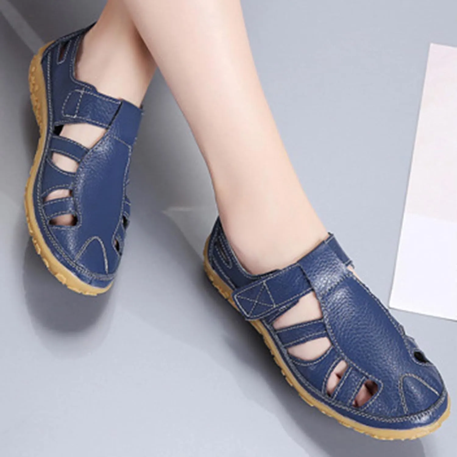 Women's Rubber Sole Orthopedic Sandals Anti-Slip Hollow Out Shoe Hook and Loop Closed Toe Trendy Flats