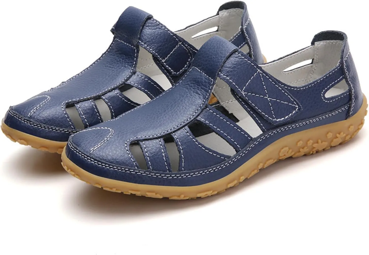 Women's Rubber Sole Orthopedic Sandals Anti-Slip Hollow Out Shoe Hook and Loop Closed Toe Trendy Flats