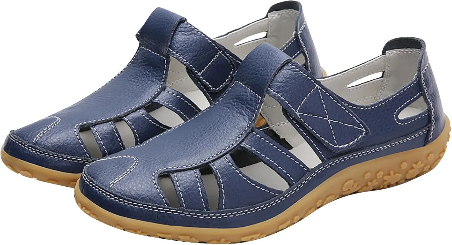 Women's Rubber Sole Orthopedic Sandals Anti-Slip Hollow Out Shoe Hook and Loop Closed Toe Trendy Flats