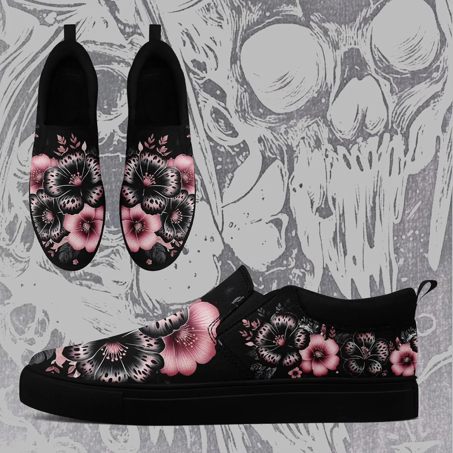 Women's Slip-on Canvas Shoes – Floral Skull Casual Loafers Trendy Comfortable Walking Skate Sneakers for Men
